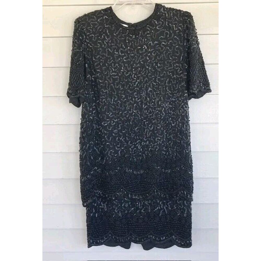 BRILLIANTE BY J.A. NEW Black 100%Silk Beaded Cocktail Formal Midi Dress Small